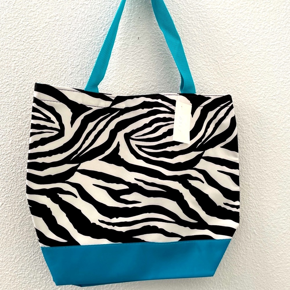 NWT Zebra print aqua blue teal large size tote bag - Picture 1 of 4